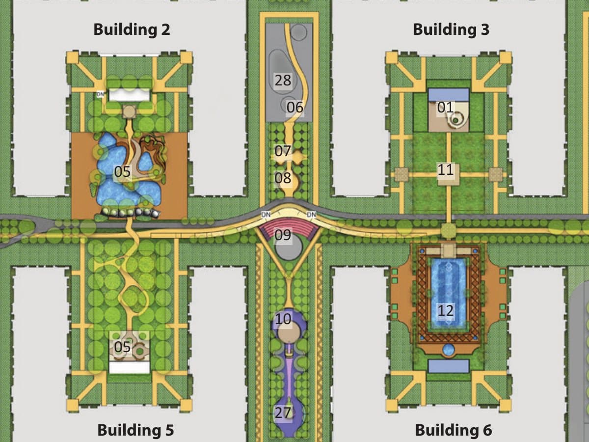 Master-plan detail: Buildings 2, 3, 5 and 6 around their courtyard pools and gardens