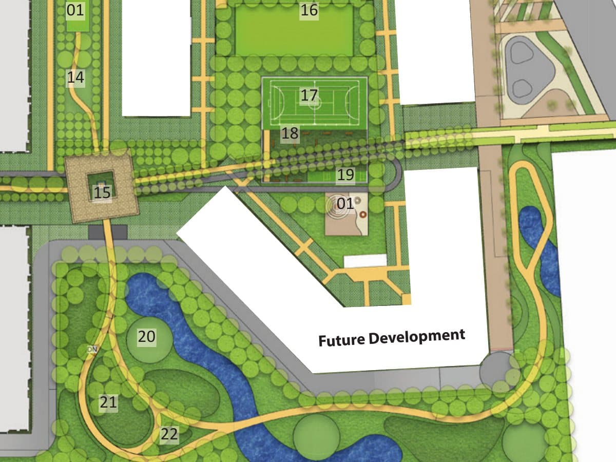 Master-plan detail: the lagoon park with mini golf, butterfly garden and pet park beside the sports courts