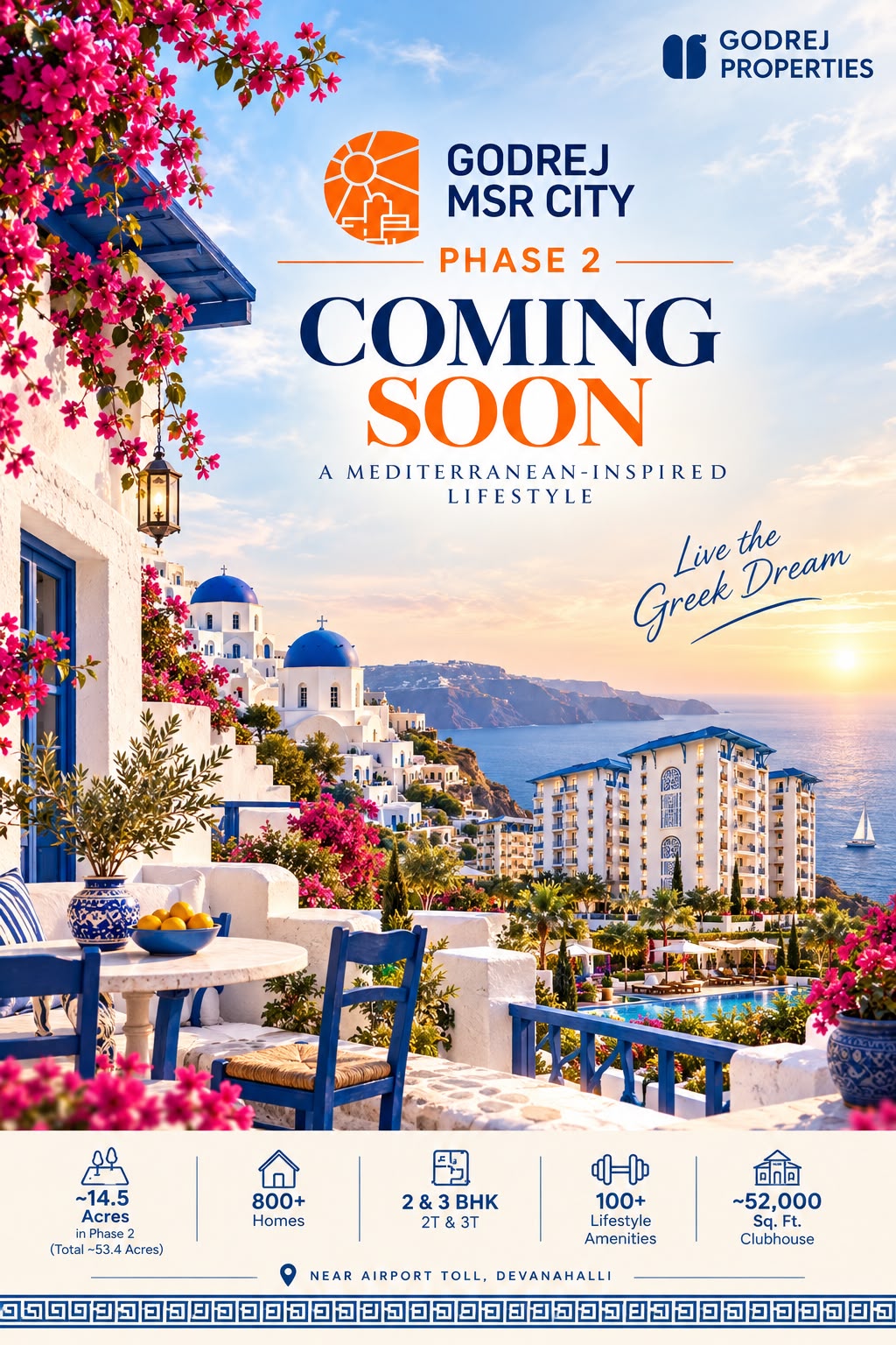 Godrej MSR City Phase 2, coming soon: a Santorini-style terrace overlooking themed towers, a pool and the sea. About 14.5 acres, 800+ homes, 2 & 3 BHK, 100+ amenities and a 52,000 sq ft clubhouse, near Airport Toll, Devanahalli