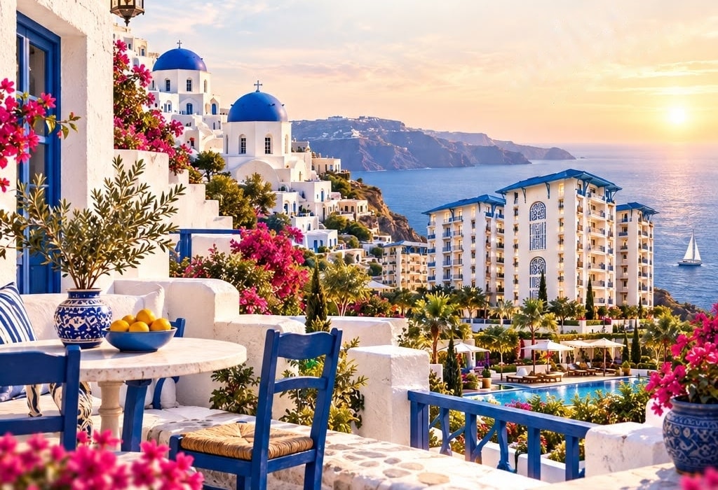 A Santorini-style terrace overlooking whitewashed domes, themed towers, a pool and the sea at sunset