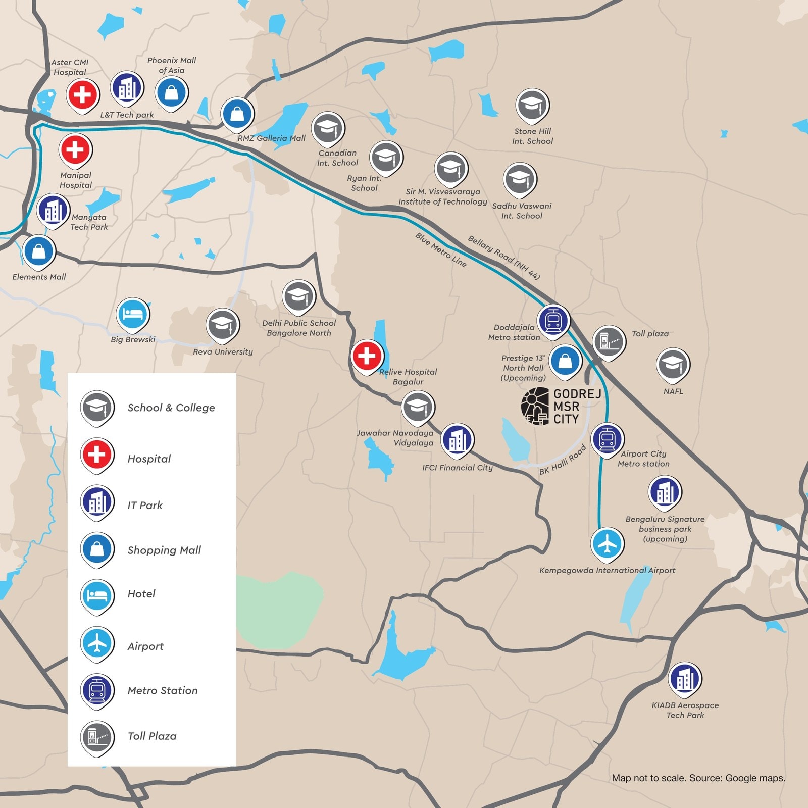 Locality map of Godrej MSR City between Bellary Road (NH 44) and the airport, with nearby metro stations, schools, hospitals, malls and tech parks marked