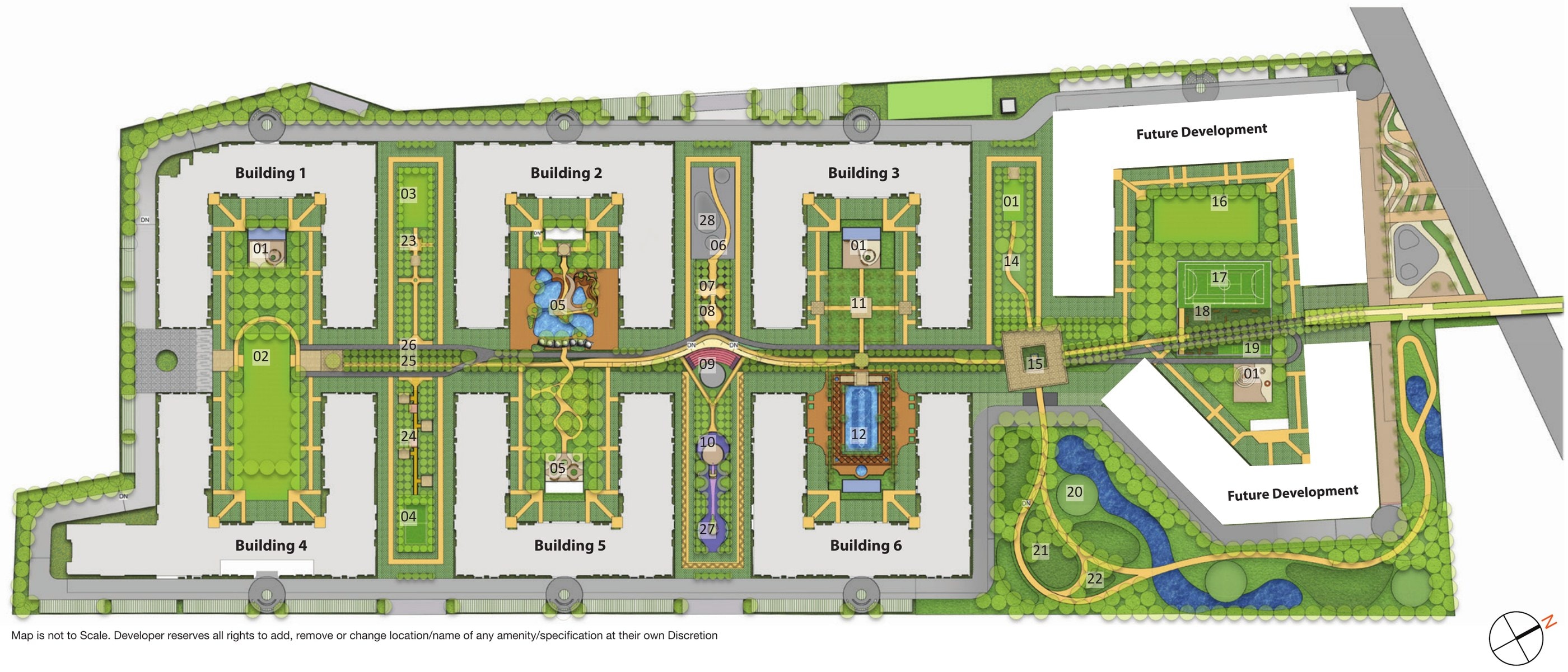 Master layout plan of BARCA at Godrej MSR City: Buildings 1 to 6 around landscaped courtyards along a central spine, two future-development plots and a park with a lagoon, numbered by amenity