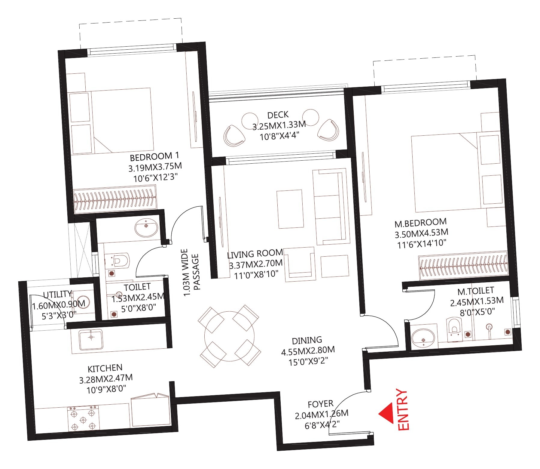 2 BHK floor plan, 1,150 – 1,350 sq.ft. saleable area