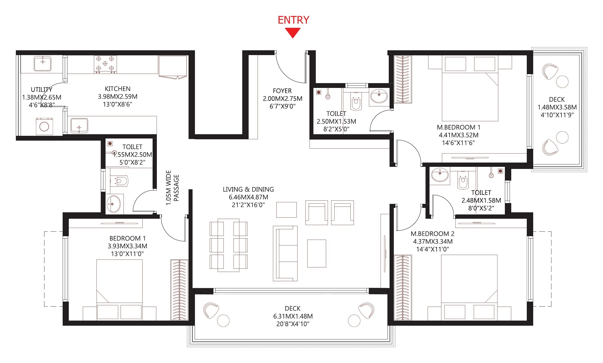 3 BHK 3 Toilets floor plan, 1,900 – 2,280 sq.ft. saleable area