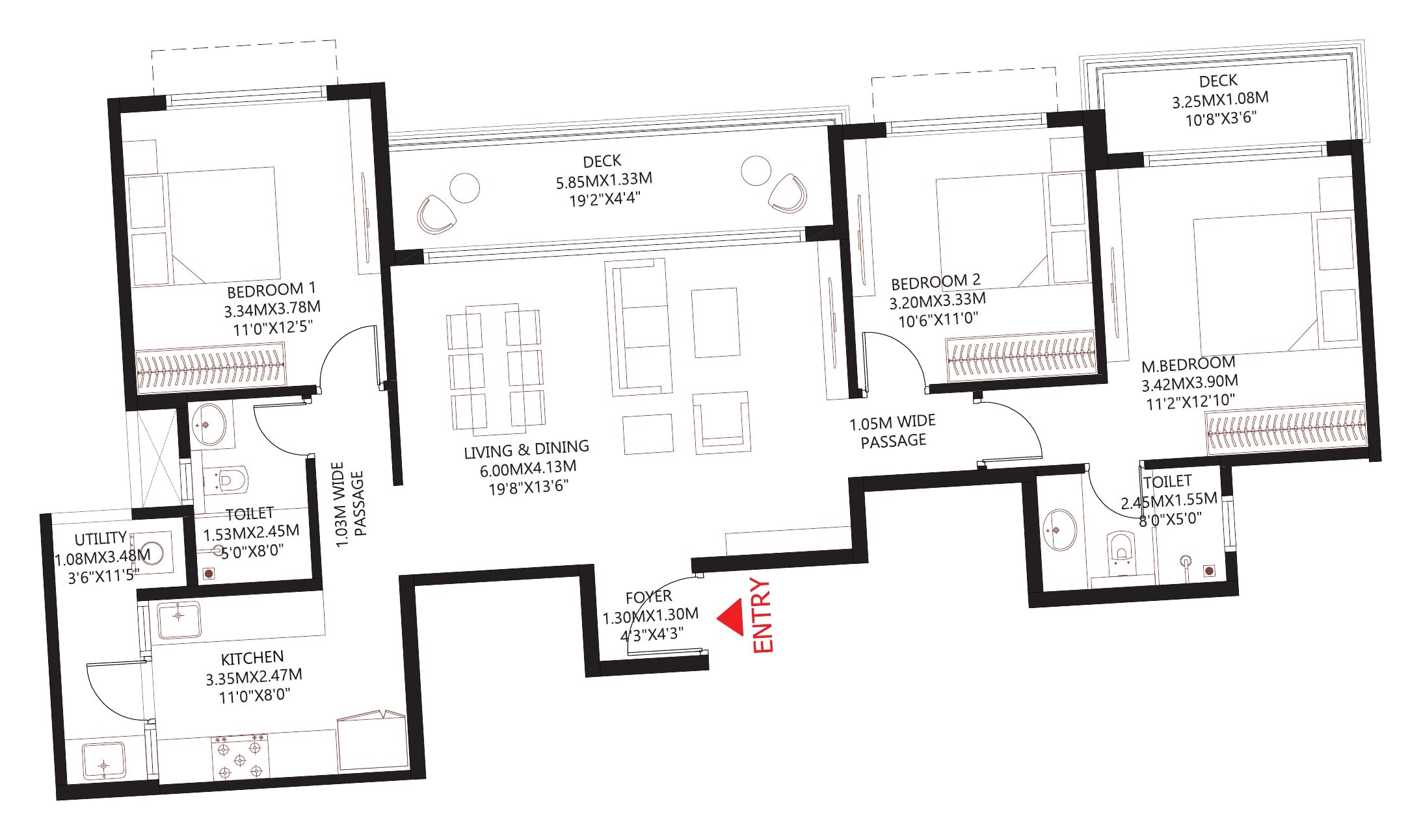 3 BHK 2 Toilets floor plan, 1,700 – 1,770 sq.ft. saleable area